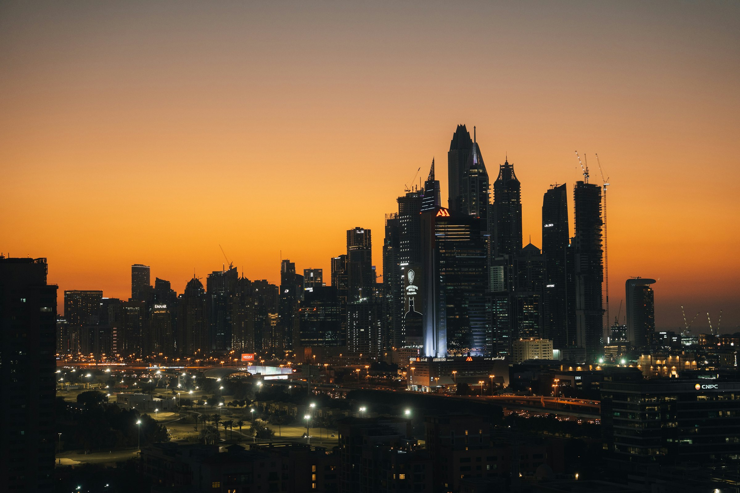 Global financial district skyline at golden hour